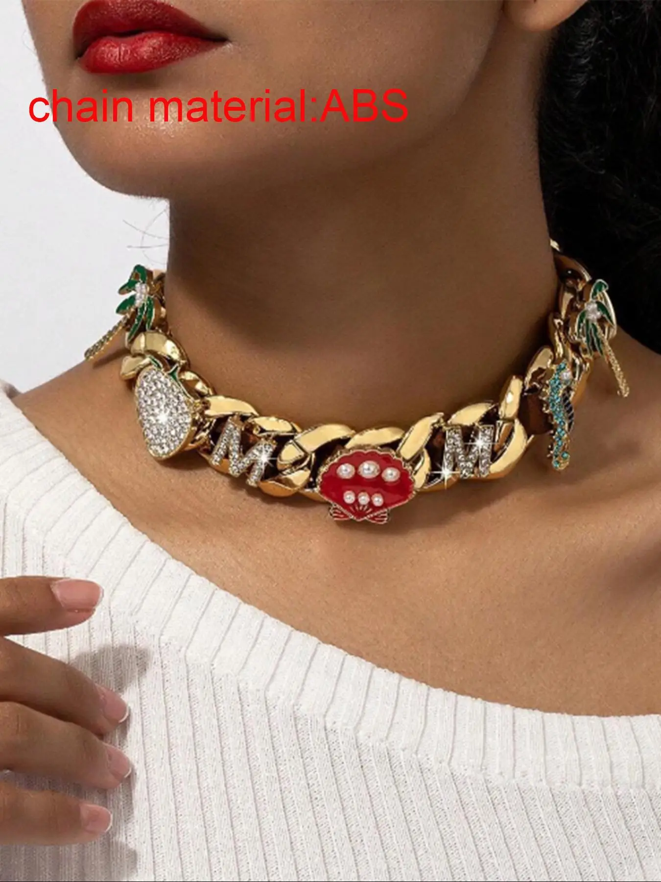 Fashion Letter & Heart Design Chunky Chain Necklace, Rhinestone Decor Cuban Necklace for Party, Daily Clothing Decor, Trendy All-match & Exquisite Jew