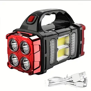 High Power LED Flashlights Camping Torch Work Light Charge 2-In-1 Solar Powered 4LED High Brightness Rechargeable Flashlight Portable Design 4 Lighting Modes USB Charging Suitable for Hiking Outdoor Exploration & Emergency Use
