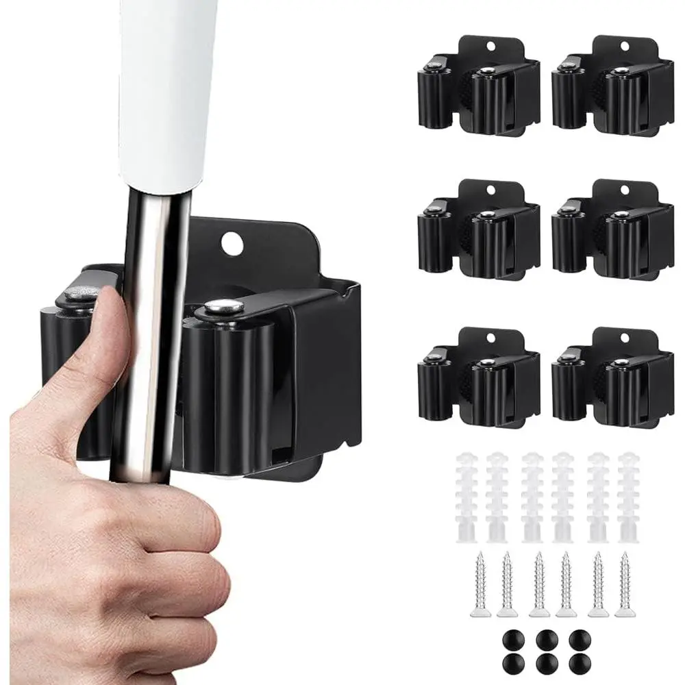 6 count Broom and Mop Holder, Heavy Duty Garden Tool Organizer Rack Rake and Shovel Handle, Stainless Steel Mop Hanger. Screws for Wall Mounted. Matte Black