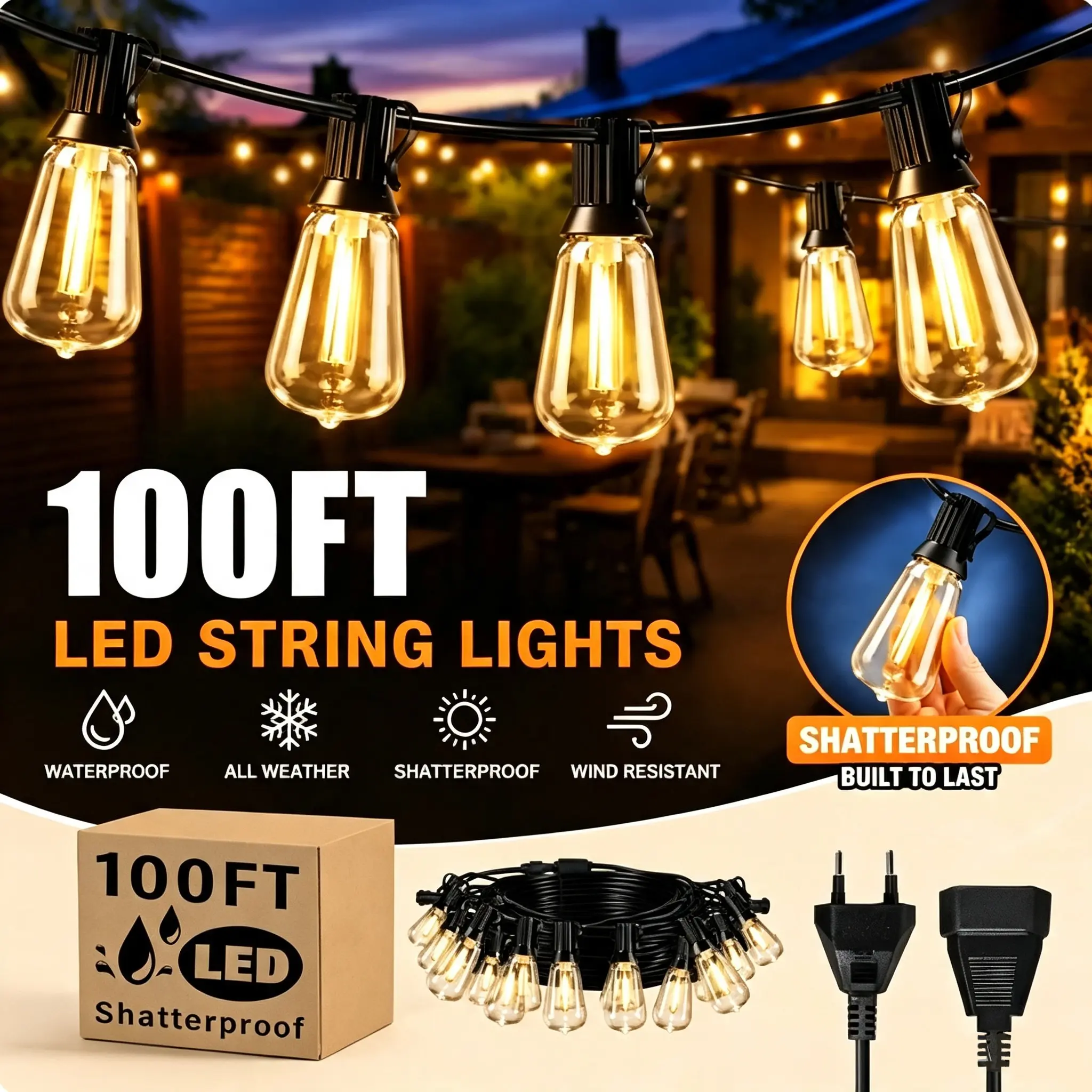 Outdoor String Lights, Waterproof Vintage Bulb Patio Lights, Connectable Plug-in Backyard Lights for Home Patio Family Gathering & BBQ Party Decor