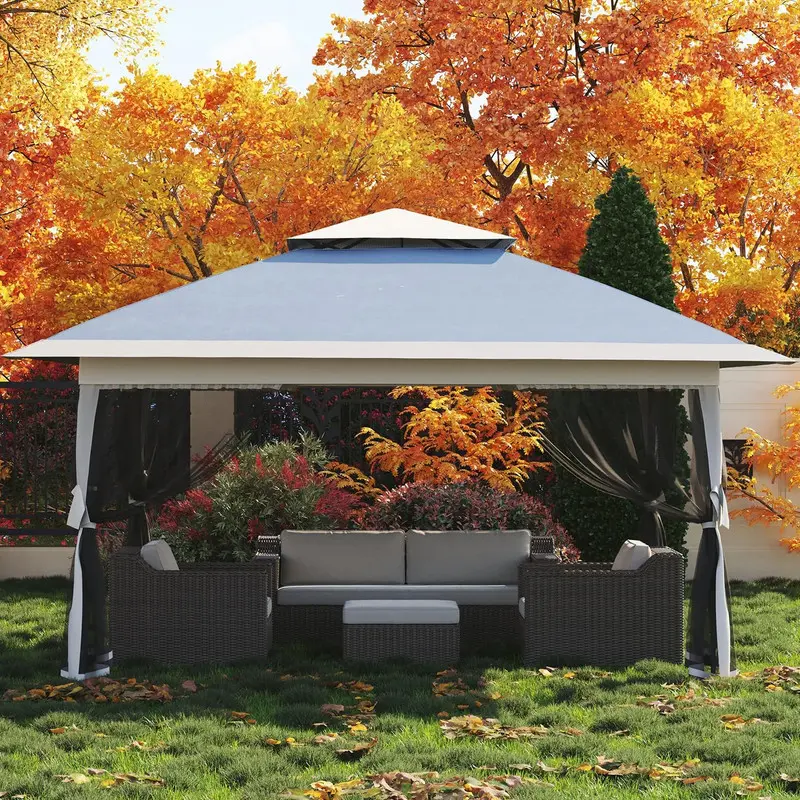 Navy Blue & Heather Gray 13x13 Pop Up Gazebo Tent - Outdoor Canopy Shelter, Easy Setup, 4 Sand Bags, Mosquito Netting, Height Adjustable for Backyard Garden