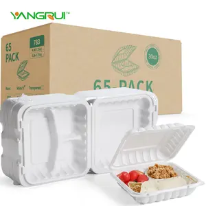 YANGRUI Clamshell Food Containers, 65 Pack 7.8 Inch BPA Free Reusable To Go Containers 30oz 3 Compartment Freezer Microwave Safe Take Out Containers