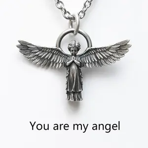 Vintage Angel Wing Ornament, Car Rearview Mirror Decoration, Angel Prayer Necklace, Christian Faith,Angel Descended Necklace accesorios para cochesan judas rhinestone cross