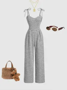Women's Elegant Plaid Long Tie-Waist Jumpsuit, Slim-Fitting Spring & Fall Fashion, Stylish All-In-One