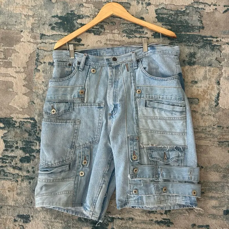Custom Upcycled Patchwork Denim Shorts - Light Blue Wash Reworked Jean Shorts