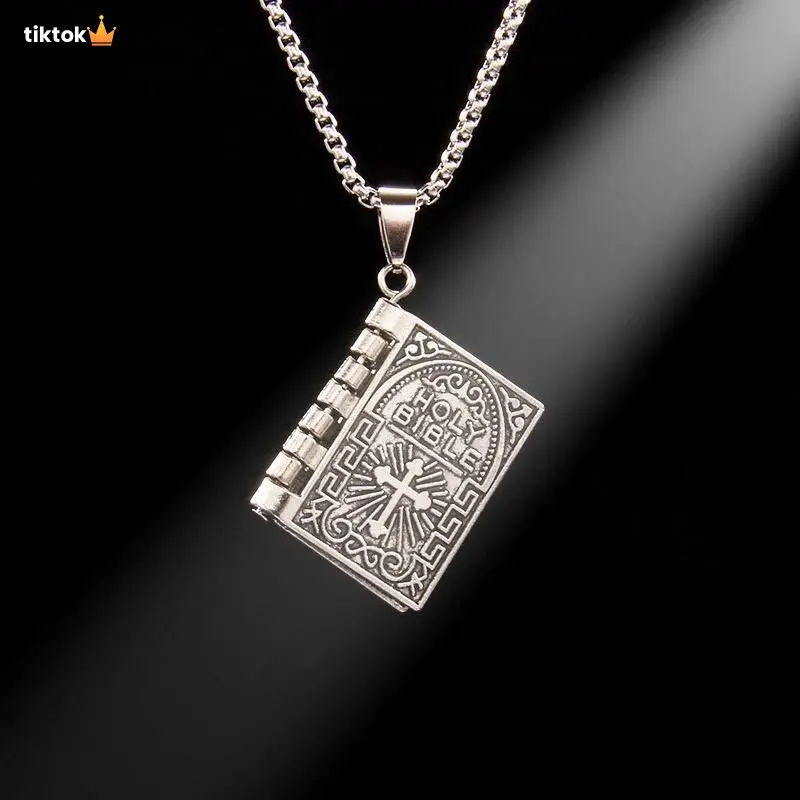 Christian Stainless Steel Book-Shaped Pendant Necklace - Engraved Lord's Prayer, Crafted Faith Jewelry, Inspiration Piece, Meaningful Gifts for Daily Wear or Special Occasions, Engraved Metal Necklaces, Book-Shaped Pendant Necklaces