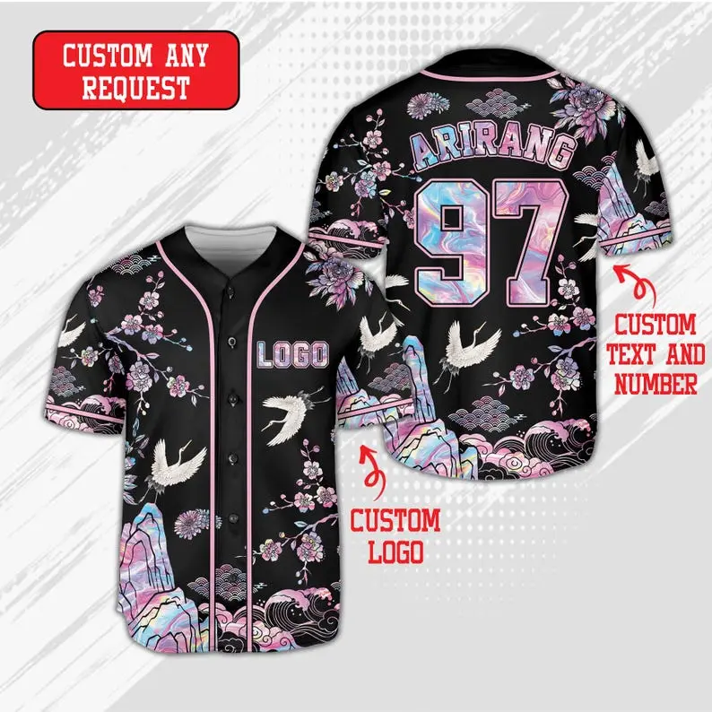 Custom Name K-Pop Baseball Jersey, Personalized Name & Number Shirt, Cherry Blossom Korean Inspired Sports Jersey, Matching Fan Outfit, Concert Streetwear Gift for K-Pop Lovers
