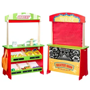 VEVOR Wooden Puppet Theater with Curtains, 2-in-1 Reversible Play Store, Double-Sided Grocery Store Playset with Chalkboard & Cash Register, Kids Pretend Play Market Stand, Gift for Boys & Girls