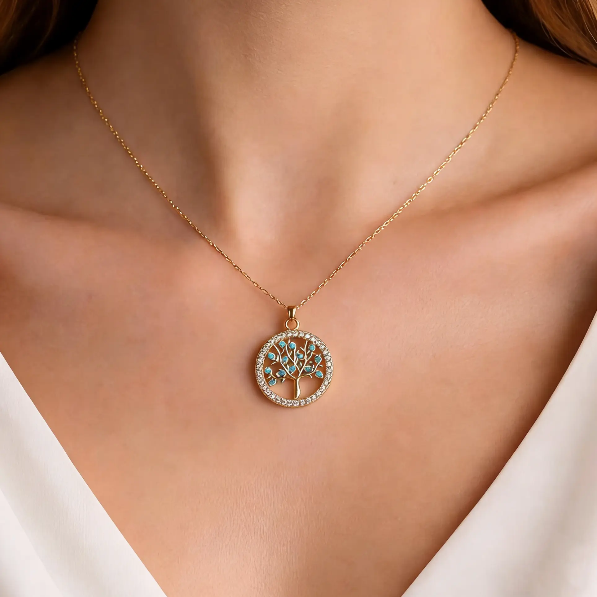 [Free 14K Gold Pendant] 14K Gold Tree of Life Turquoise & Zircon Pendant, Golden Family Tree Protection Jewelry, Helps with Healing & Enhances Natural Vitality, Accessory for Bracelets/Necklaces, Unisex, Gift for Memorial Day, Graduation Gift, Auspicious