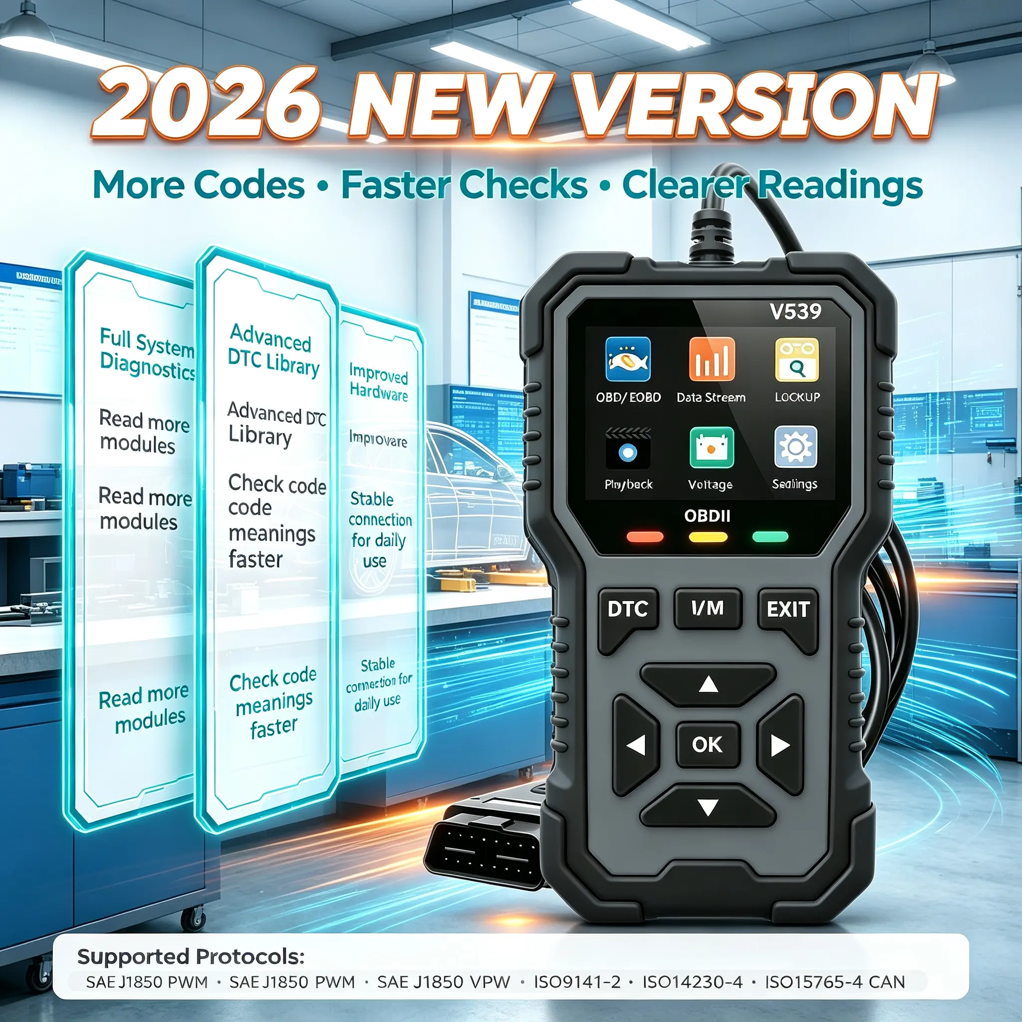 SHIELDIX V539 Compact Handheld OBD2 Scanner, Car Diagnostic Code Reader for 1996+ OBD2 Vehicles - Code Reading, Clearing, Live Data, Voltage Test, DTC Lookup, 2.4” Color Screen