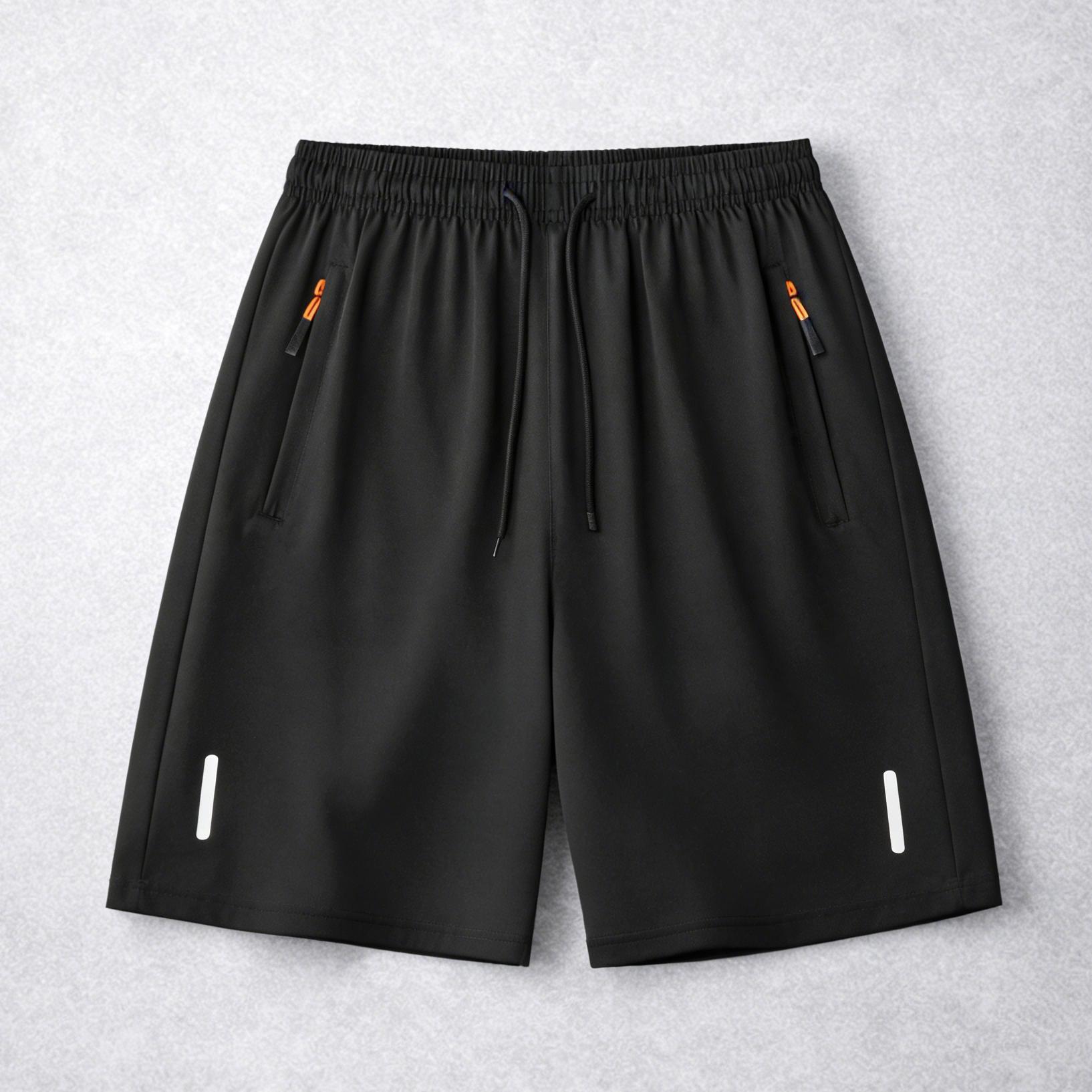 Men’s casual breathable shorts; men’s quick-dry shorts with reflective stripe print; ice silk shorts with zippered pockets; quick-drying, lightweight sports/fitness shorts—ideal for summer leisure and active wear, suitable for significant athletic activit