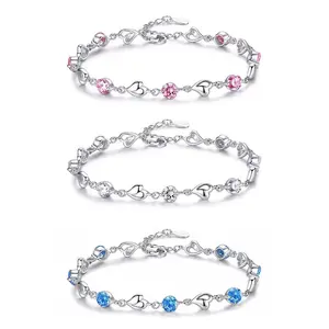 925 Sterling Silver Heart Bracelet | Pink/Blue CZ Adjustable Bracelet | Perfect Valentine's Gift for Her