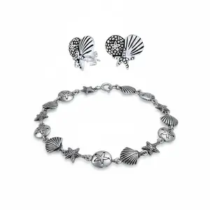 Nautical Sand Dollar Starfish Seashell Charm Bracelet & Stud Earrings Set Silver