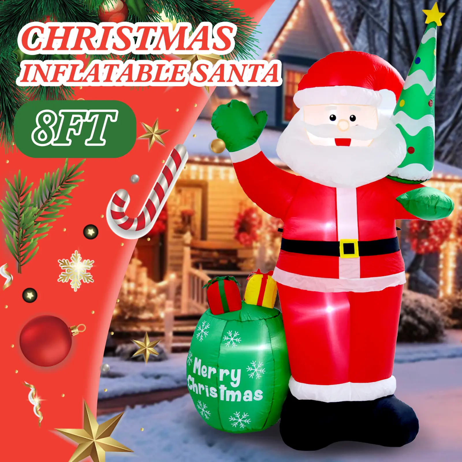 Christmas Inflatable Santa Claus & Snowman Figures Waterproof Polyester Fiber Outdoor Garden Indoor Party Decorations(5-8 FT available) Led Star Light