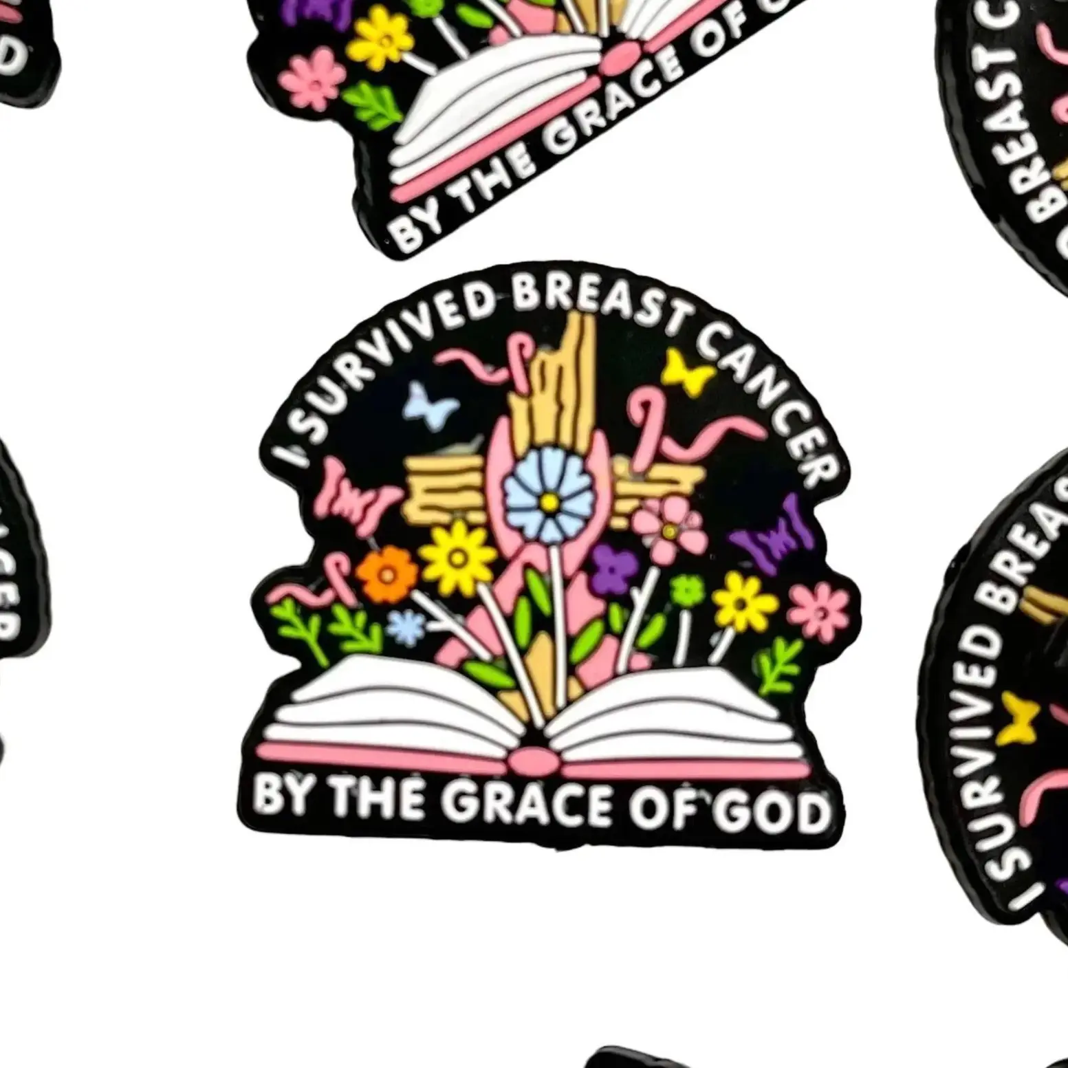 1pc I Survived Breast Cancer By The Grace Of God Silicone Focal Beads - Faith Based Theme Awareness