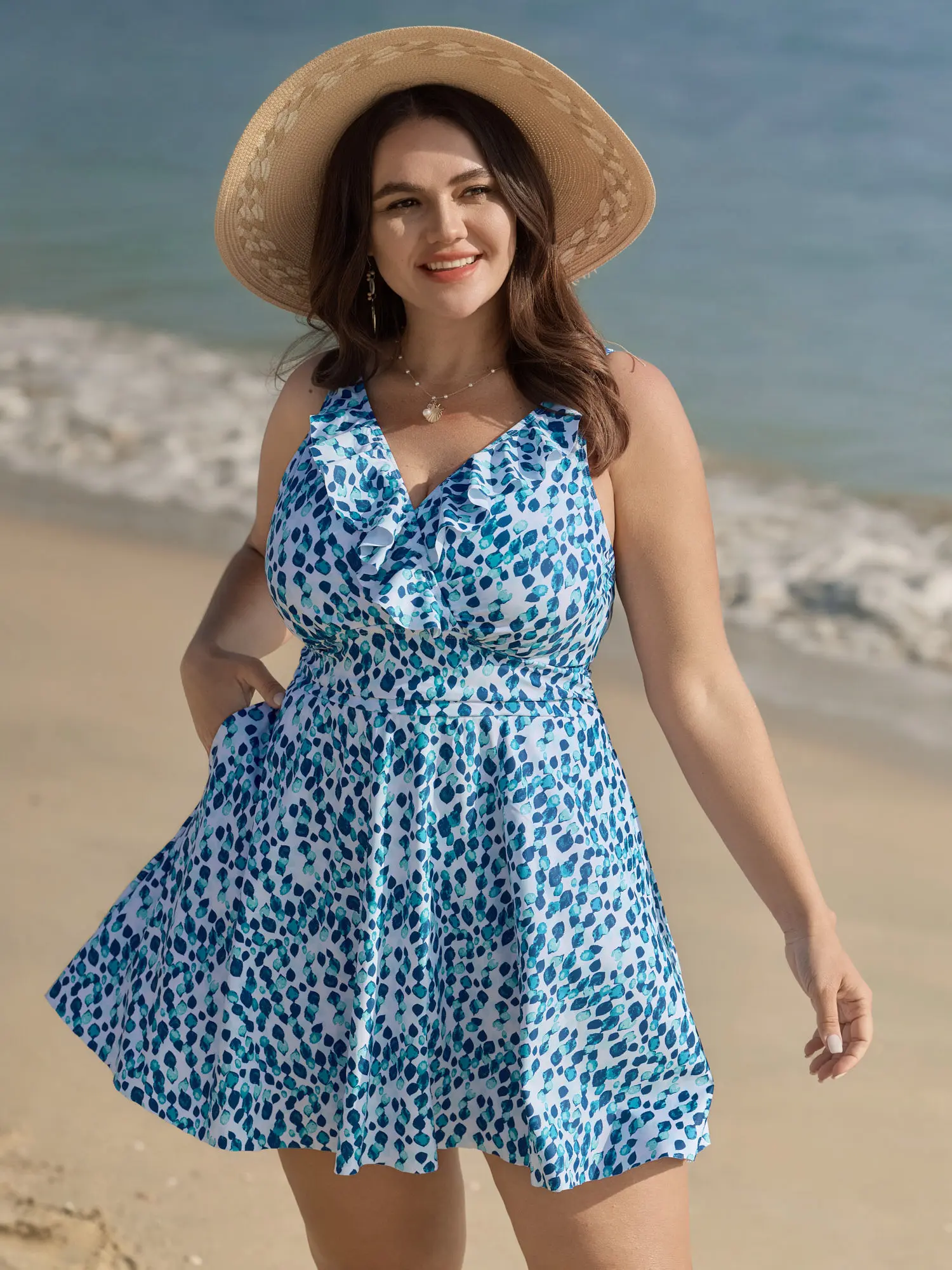 BLOOMCHIC Plus Size Polka Dot Tunic Length Swim Dress - Tummy Control, Pockets, Bodycon Cut, UPF 50 Sun Protection, Modest Plus Size Swimsuits for Moms [M-6X] 2026 Summer Pick, Plus Size Swimsuits 2026,Summerfinds