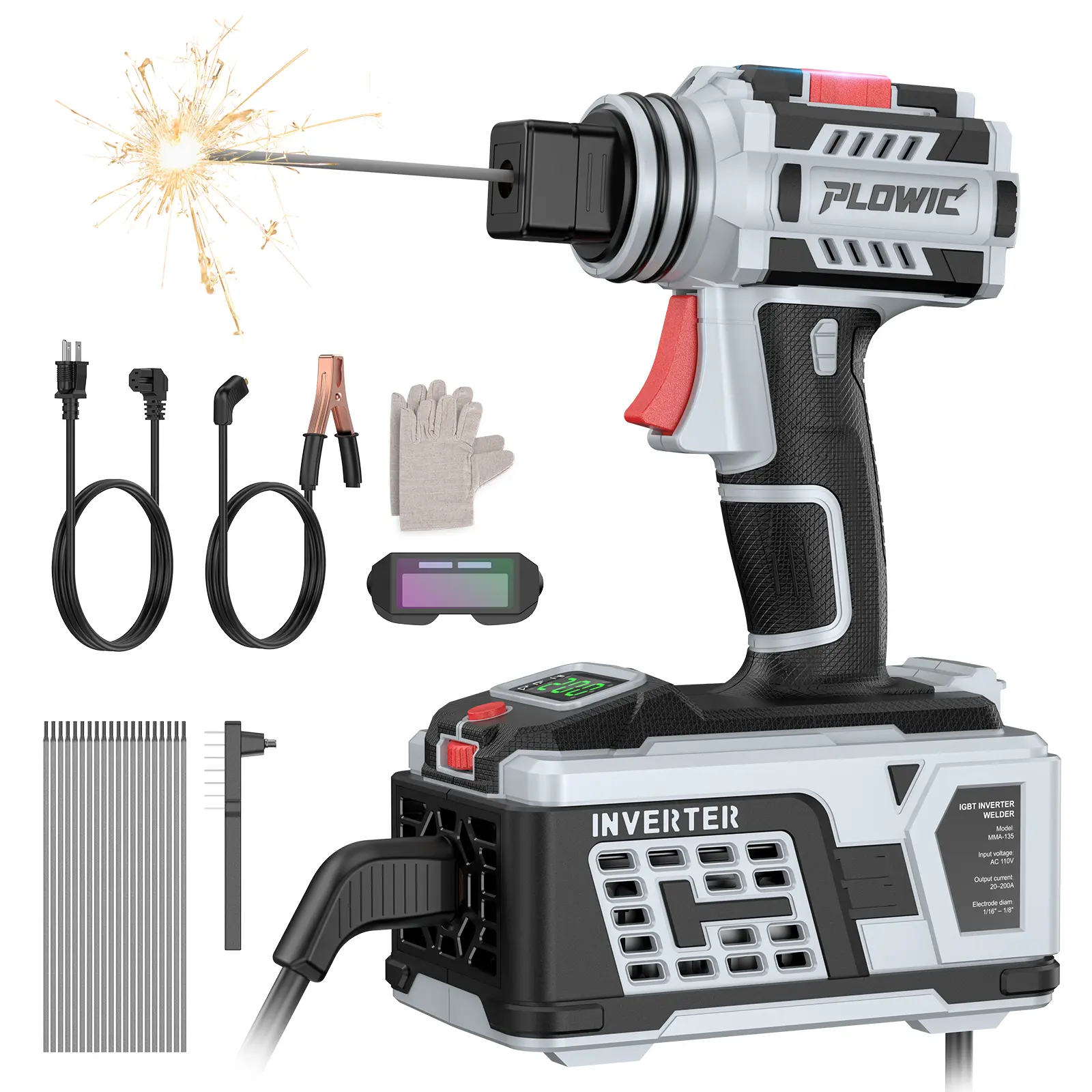 PLOWIC Lightweight Portable IGBT Inverter Arc Welder Full Kit, 110V, 20-200A Variable Current, Hot Start, Anti-Stick, IP21S Rated Housing, for DIY Projects, Garage Projects, Farm & Automotive Fixes (Includes Gloves, Welding Rods), Metal