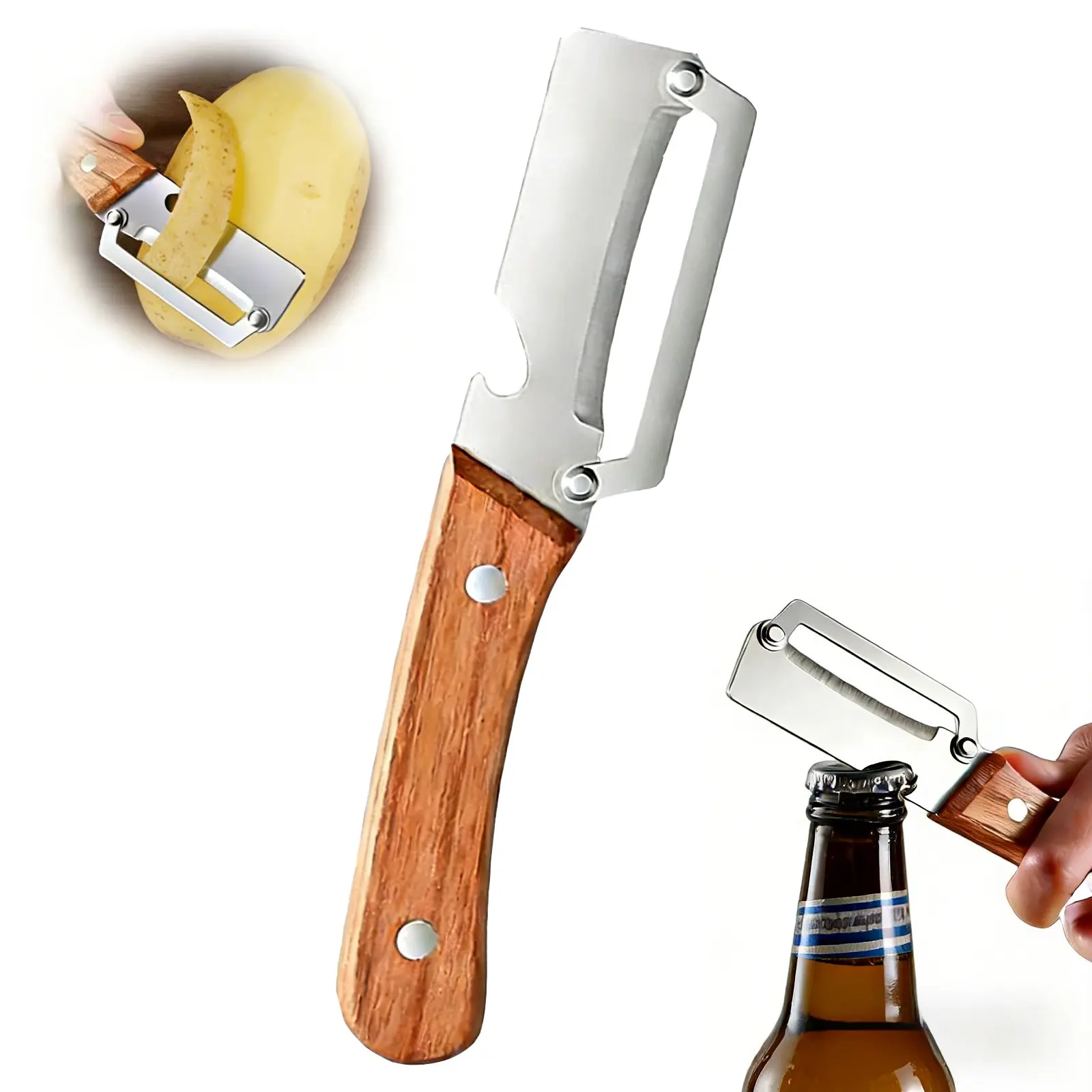 Multifunctional Vegetable Fruit Household Peeler with Bottle Opener, Vegetable Peelers for Kitchen, Food Prep, Sturdy Stainless Steel Blade, Ergonomic Wooden Handle, Ideal for Potatoes Apples Carrots Squash