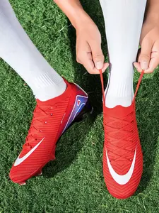 Unisex Red-Blue Soft Sole Soccer Shoes Football Boots Soccer Cleats: Comfort Light Trend, High-Elastic Cushion, Breathable Knit, Stud Grip. For Daily Training/Long Runs