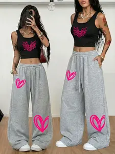 Women's Y2K Two-Piece Set, Slim-Fit Vest & Wide-Leg Pants, Spider Web Heart Print, Punk Streetwear, Casual, Womenswear