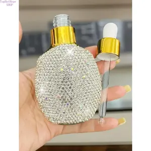 30ml Bling Rhinestone Flat Essential Oil Bottle, Luxury Thick-Glass Dropper Bottle with Rubber Bulb, Refillable Empty Container for Serum Lotion, Portable Leak-Proof Skincare Accessory for Travel Daily Use & Gifting