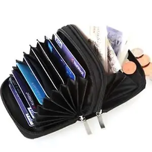 Black Leather Accordion Wallet Zip Around ID Credit Card Case Holder US SELLER