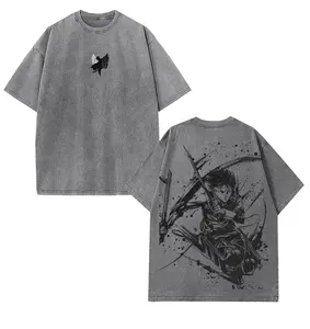 Attack On Titan AOT Levi Ackerman Oversized Double 2 Sided Graphic T-Shirt, Acid Washed, Sustainable US Cotton, Crew Neck, Classic Fit Menswear Top vintage shirts