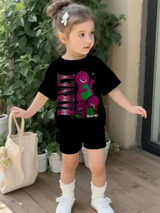 Barney the Dinosaur Happy Time Baby Girl Clothing Set with Digital Print Graphic Top, 100% Polyester Short Sleeve Set, Casual Outfits for Baby Girls, T-Shirts Suitable for Daily and Outdoor Activities, Gift for Infants, Baby Girl Clothes