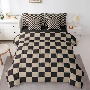 Feelyou 7-Piece Microfiber Geometric Plaid Checkerboard Bedding Set - Beige Black Brown Modern Aesthetic Bed-in-a-Bag with Sheets, Bedroom Blanket, for Kids Boys
