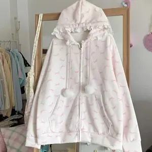 Y2k Aesthetic Casual Loose Zipper Sweatshirts Japanese Vintage Rabbit's Ears Hoodies Women Harajuku Grunge Lace Patchwork Hoody