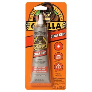 Gorilla 3 oz. Clear Grip Tube, Gorilla Clear Grip, Crystal Clear Contact Adhesive, Fast-Setting Permanent Bond, Waterproof Flexible Glue, For Metal Glass Wood Fabric Ceramic, Indoor Outdoor Use, Paintable No-Run Formula