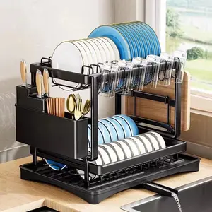 2 Tier Dish Drying Rack Dish Racks for Kitchen CounterMetal Dish Drainers with Knife Cup Utensil Holder, Blackdishdryerrack