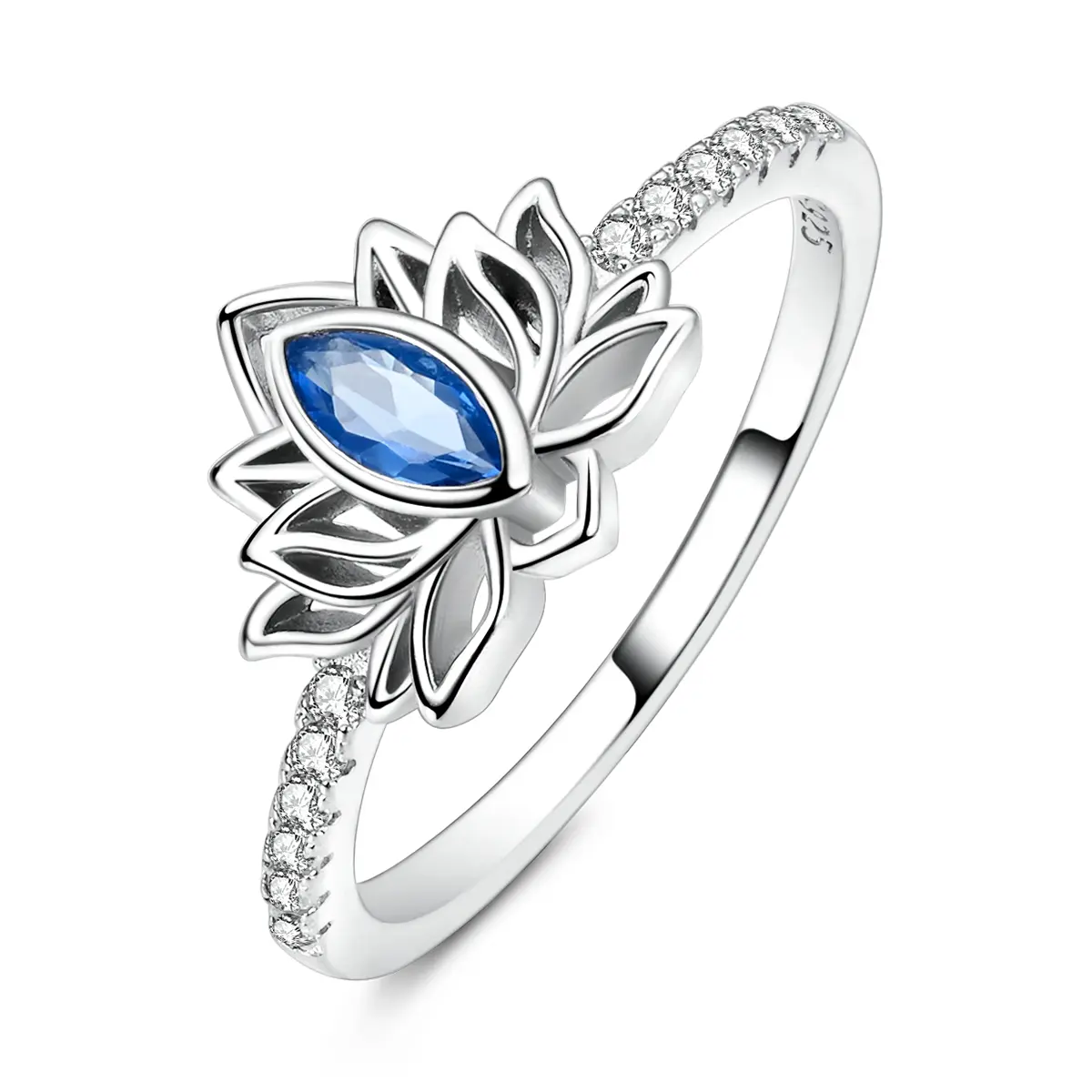MULA Silver-Plated Marquise Cut Lotus Ring with Blue Crystal, Exquisite Costume Birthstone Rings for Women, Natural Floral Gift for Birthdays, Christmas, Marquise Cut Ring