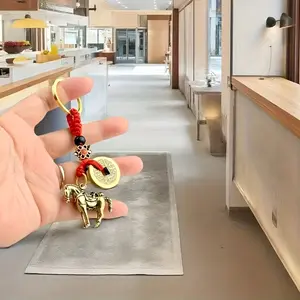 Chinese Lucky Charm Keychain, Horse and Coin Design, Gold Braided Rope, Fortune Amulet, Chinese Knot Pendant, Knot Craftsmanship, Traditional Touch, Father's Day Gift