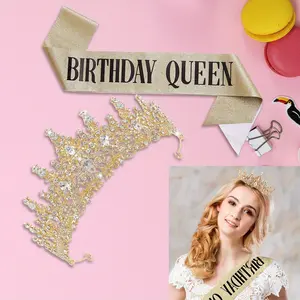 2 pcs Women's Sparkling Rhinestone Golden Crown Tiara with "BIRTHDAY QUEEN" Sash-like Ribbon - Secure Fit Headband for Weddings, Birthdays, Pageants, Prom, Cosplay & Special Occasions hair soft women