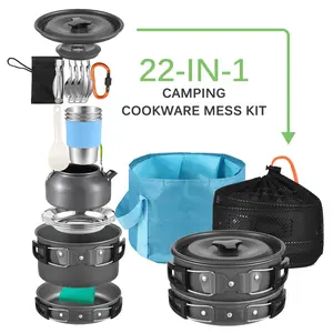 Camping Utensils Cooking Set 3 Person 22PCS Camping Pot and Pan Cooking Set Outdoor Camping Hiking Backpacking with Carry Bag Camp Cookware Set