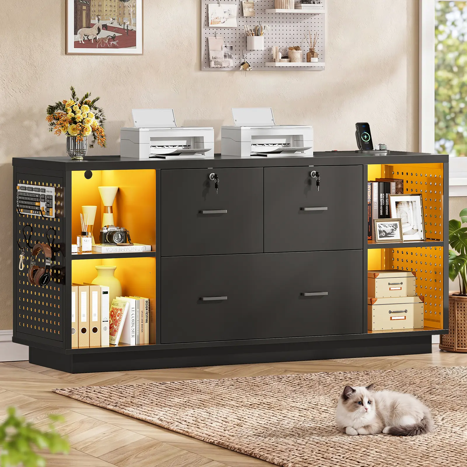 SEDETA 55-in Modern Office Furniture Lockable 3-Drawer Filing Cabinet - Home Office Furniture Storage Unit with Reinforced Base, Adjustable Power Strip, LED Light, Pegboard, USB Ports, Printer Storage, Assembly Required, Desk Cabinet