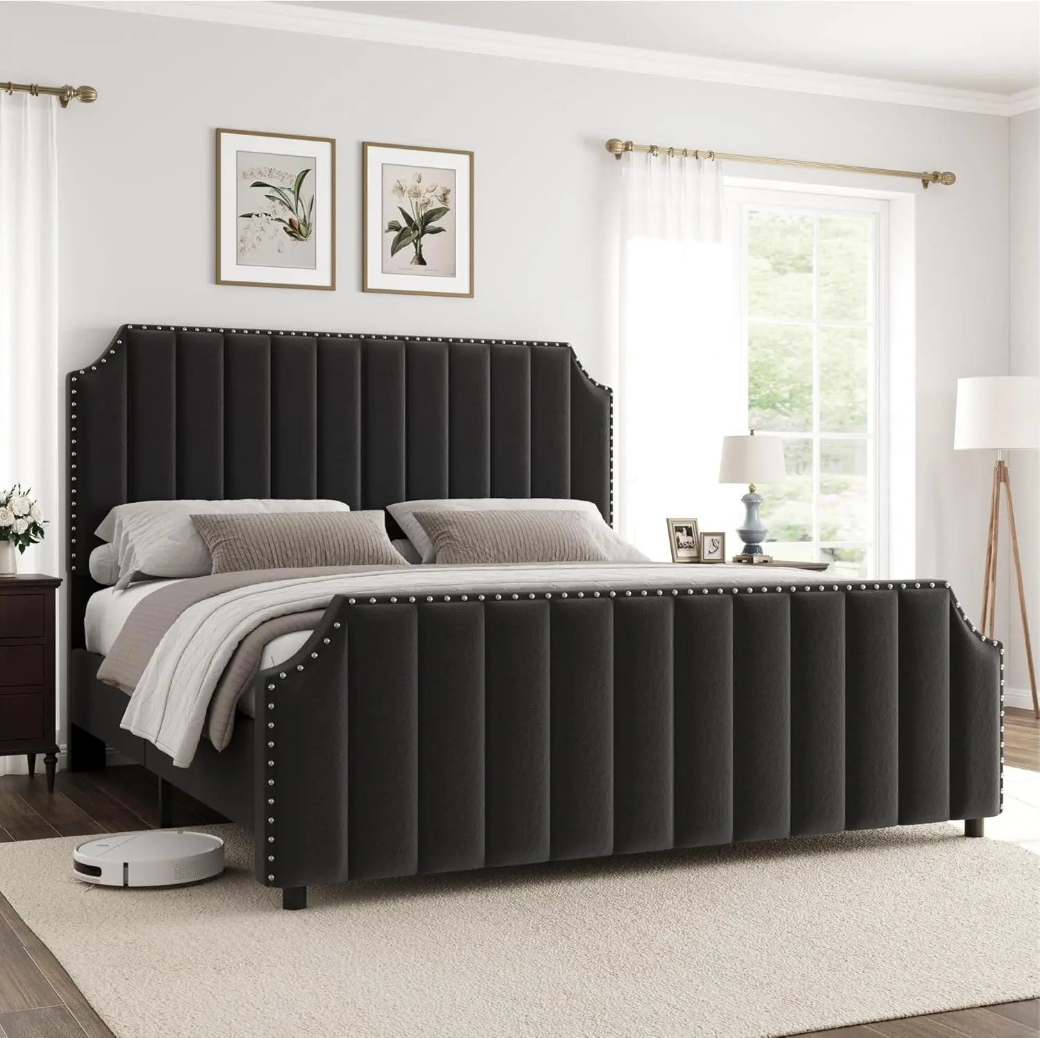 【Christmas Gift】Queen Size Platform Bed Frame with 50inch Headboard Velvet Upholstered Bed Frame Queen with Vertical Channel Tufted Headboard and Footboard Nailhead Trim No Box Spring Needed Black