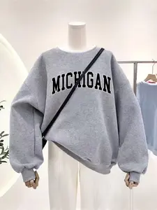 Autumn Winter New Loose-Fit Round Neck Fleece Lined Long Sleeve Pullover Sweatshirt with Michigan Print, Best Gift for Boyfriend Girlfriend