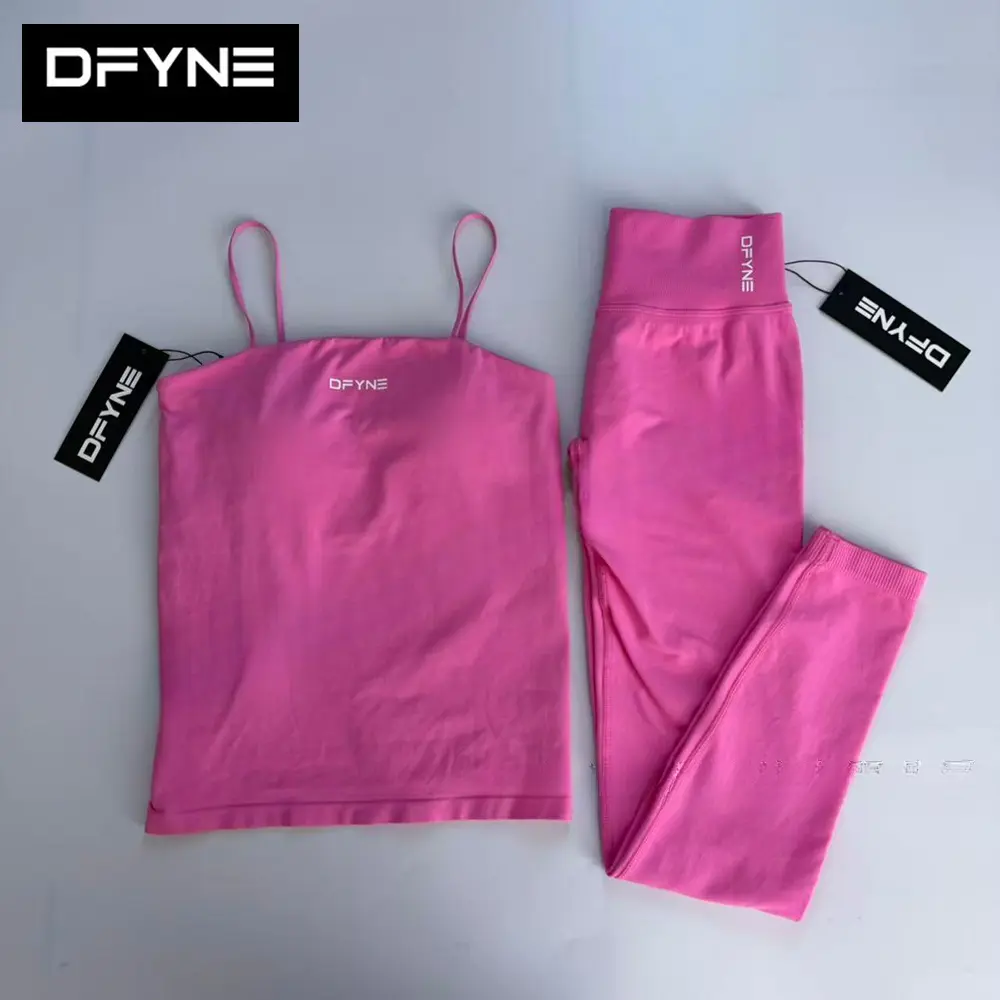 DFYNE Seamless Spaghetti Strap Cami Tank & Tummy Control Sculpting Leggings Gym Yoga Outfit Set
