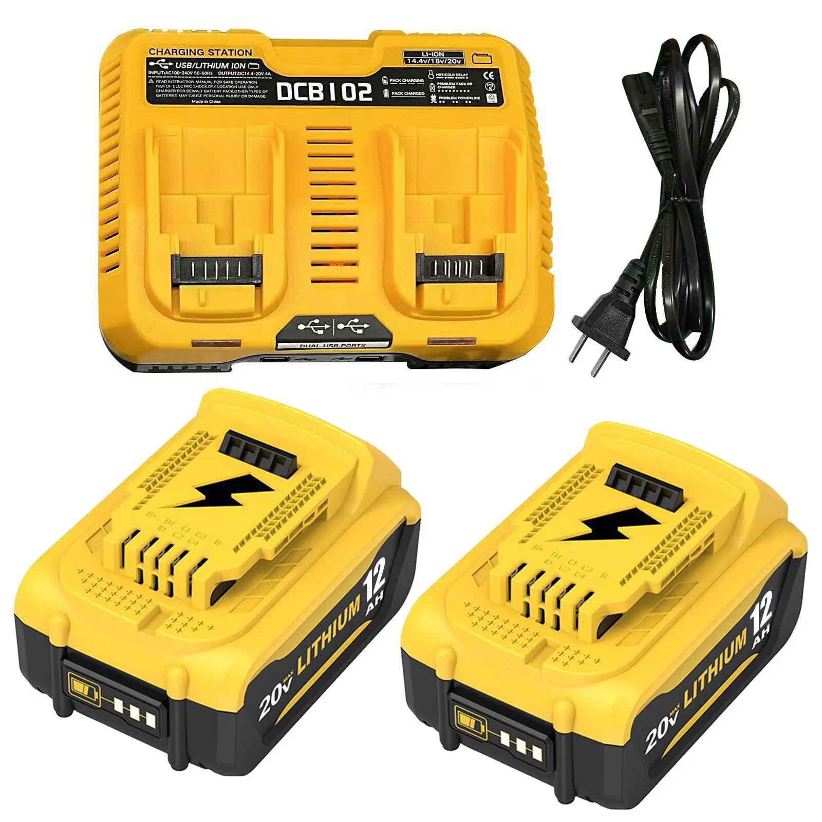 2-Pack 12000 Milliampere-Hour High-Capacity Lithium Batteries, Compatible Replacement Cordless Tool Battery for Dewalt 20V Max, Upgraded for DCB200 Series (DCB200, DCB201, DCB203, Yellow)