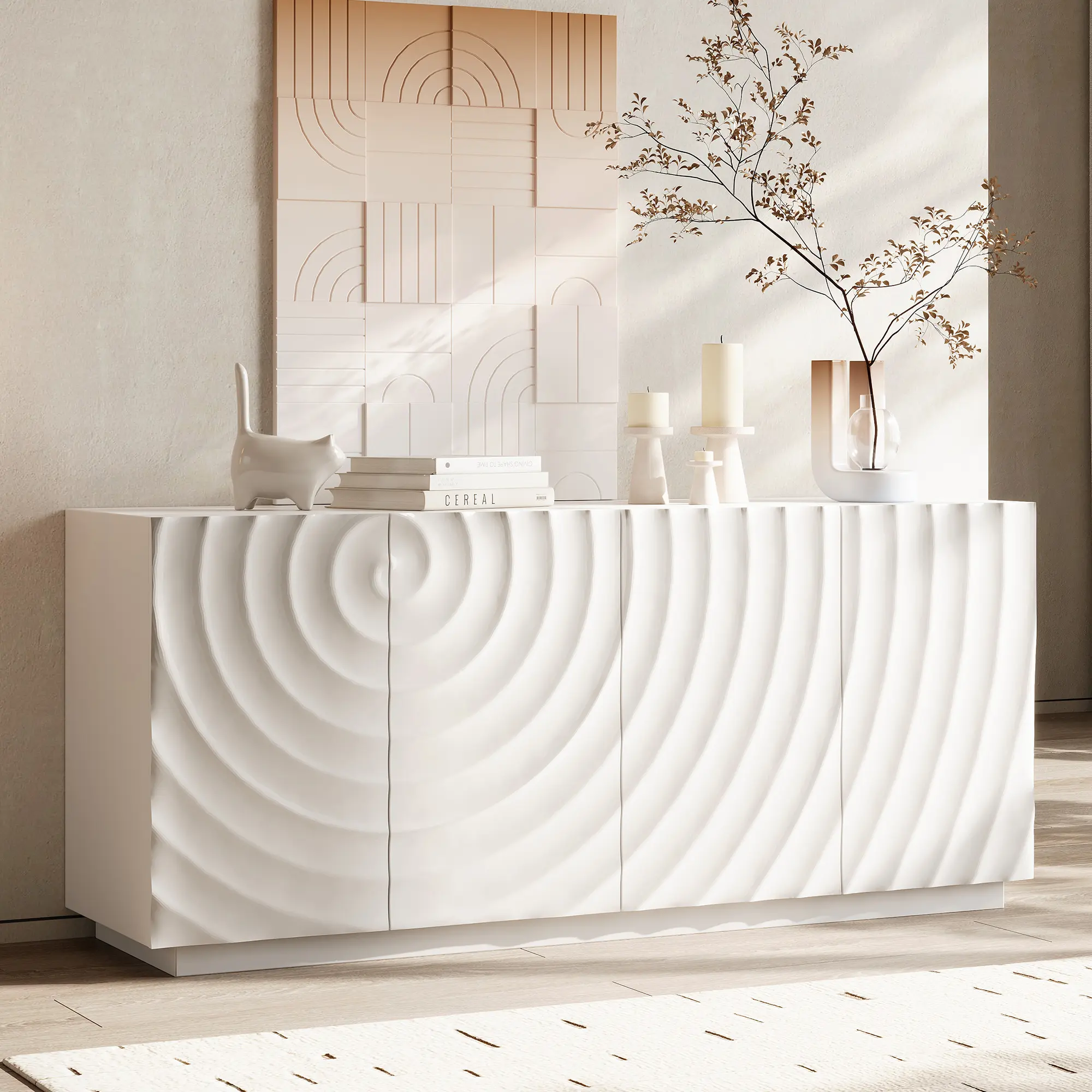 Modern 59" Wide Rectangular Sideboard with 4 Doors, Freestanding Floor Cabinet for Kitchen, Living Room, Dining Room, White Finish, Anti-Dumping Design