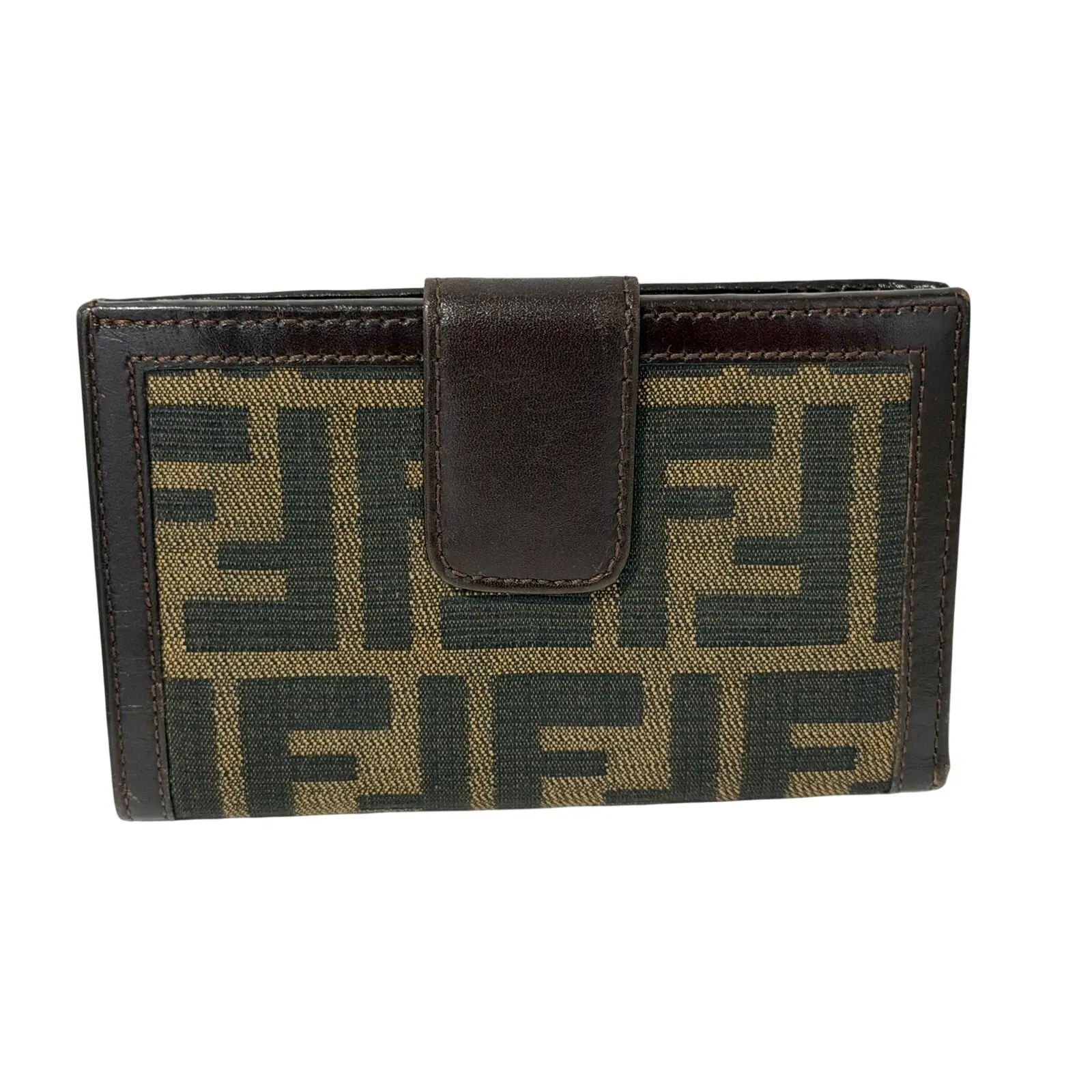 Pre-owned FENDI Canvas/Leather Wallet Compact Bifold Canvas with Dark Chocolate Brown Leather Trim, Vintage Zucca FF Iconic Design, Snap Closure, Gold Tone Metal Accents, Credit Card Slots, 4.7in W x 3.9in H