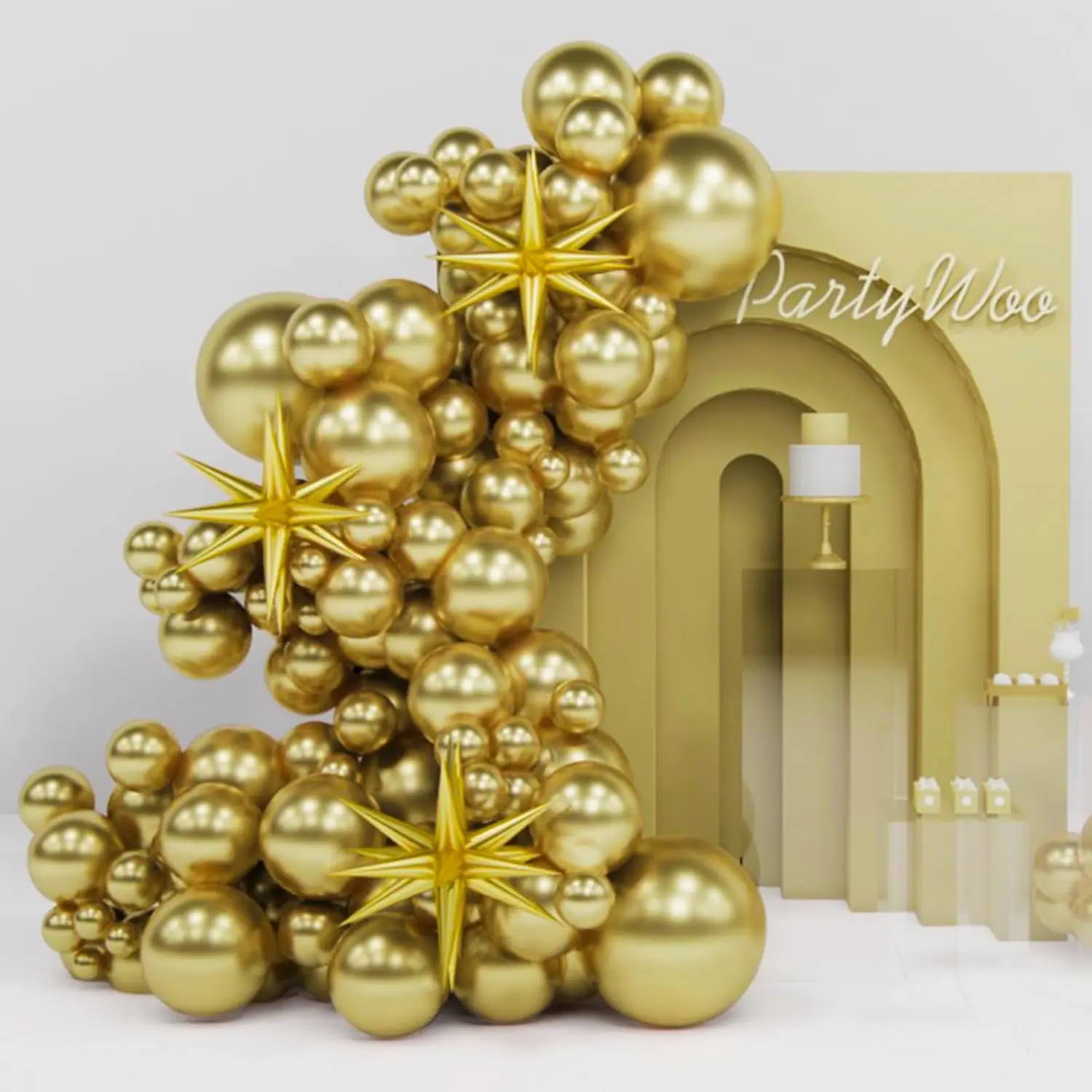 PartyWoo Metallic Gold Star Balloons 110pcs Different Sizes 18 12 10 5 Inch Pack 22 Inch Gold Spike Star Explosion Foil Mylar Balloon Arch Kit for Birthday Engagement Party Decorations Gold-G101