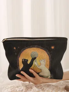 Cute Cat Print Corduroy Makeup Bag, Cartoon Style, Lightweight Multi-Functional Fashion Casual Cosmetic Pouch, Travel Organizer, Cosmetic Bags