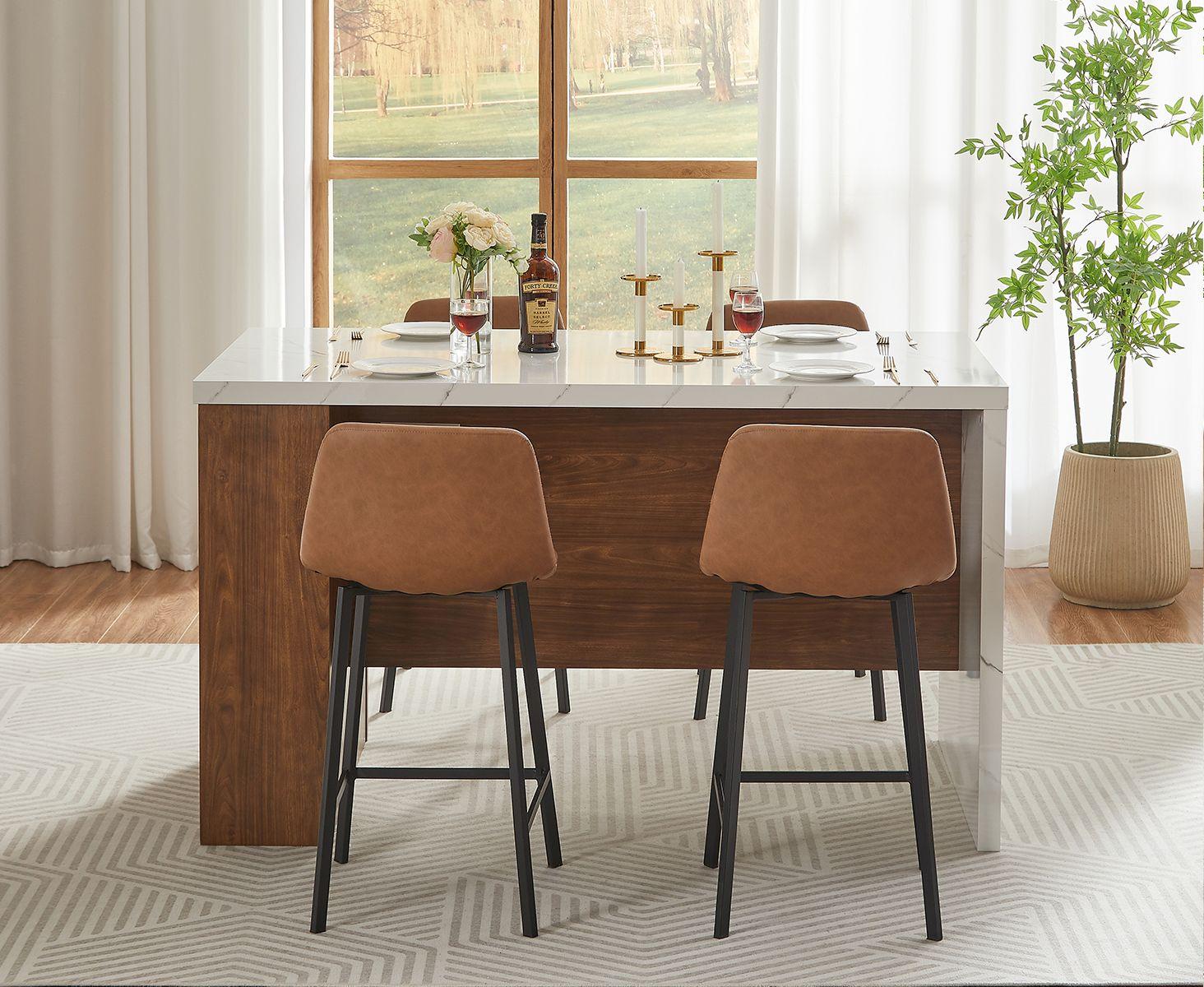 【SummerFinds】ONBRILL 61"x31" Large Wood Top Kitchen Island Table, Whole Board Tabletop, Storage Space, Power Outlet, LED Lights, Easy Setup Modern Imitation Marble Counter Height Dining Room Table for 4,dorm essentials,home decor