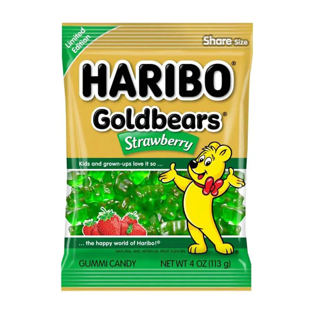 Haribo Strawberry Gold Bears Gummi Candy Peg Bag 4oz. 12 ct. - Sweet and Soft Gummy Candy with Strawberry Flavor - 12 Count Box Bonbon Snack