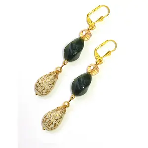 Chic Brico Gold Embossed Teardrop and Crystal Long Boho Dangle Earrings - Ivory and Emerald Green