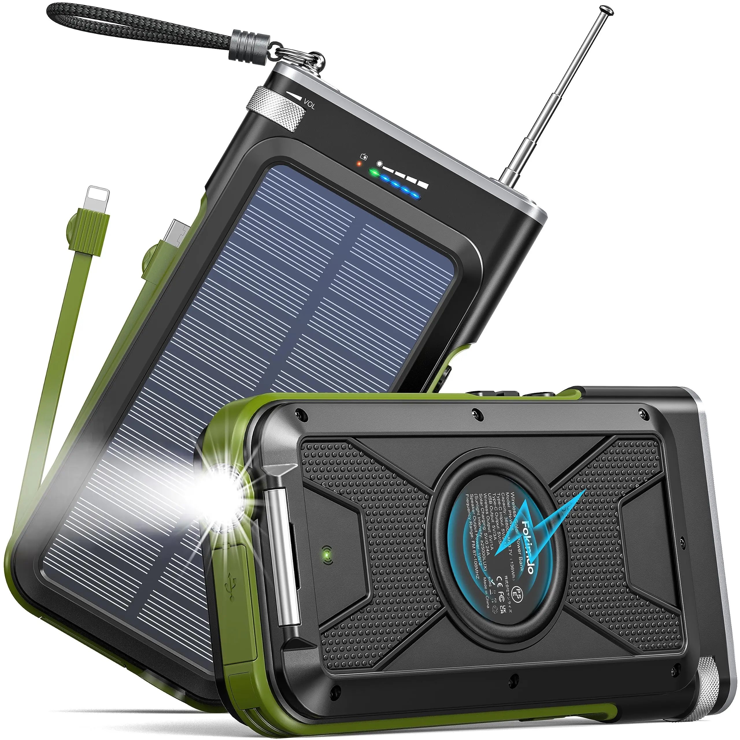 W26 Power Bank with FM Radio, 36800mAh, 15W QC 3.0 Fast Charging, Wireless Charger, Bright Flashlight, for Smartphones & USB Devices.