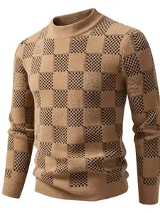 Men's American Streetwear Patchwork Colorblock Round Neck Sweater, Casual Long Sleeve Knitwear for Fall & Winter, Warm Fitted Pullover